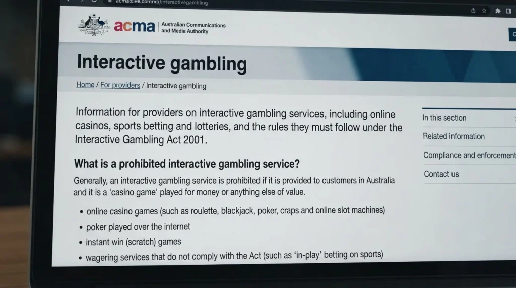 Current ACMA online gambling guidance explaining prohibited online casino services in Australia