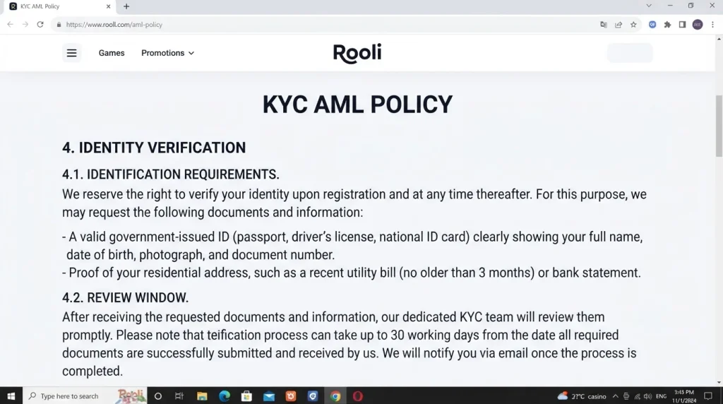 Current official Rooli KYC and AML policy showing identity verification and document requirements