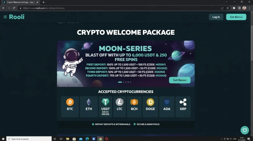 Current Rooli crypto promotion or accepted cryptocurrency section showing authentic coin support