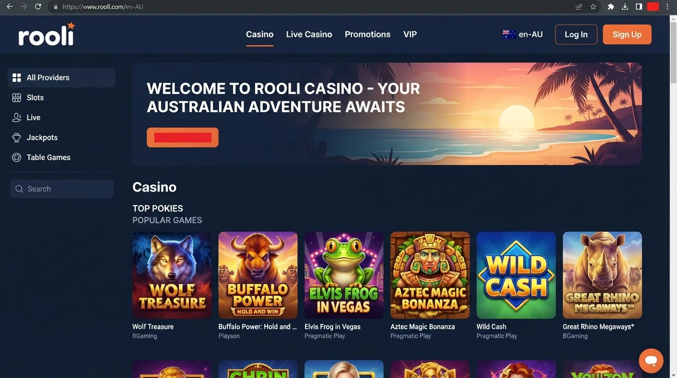 Current Rooli English-AU homepage and casino interface