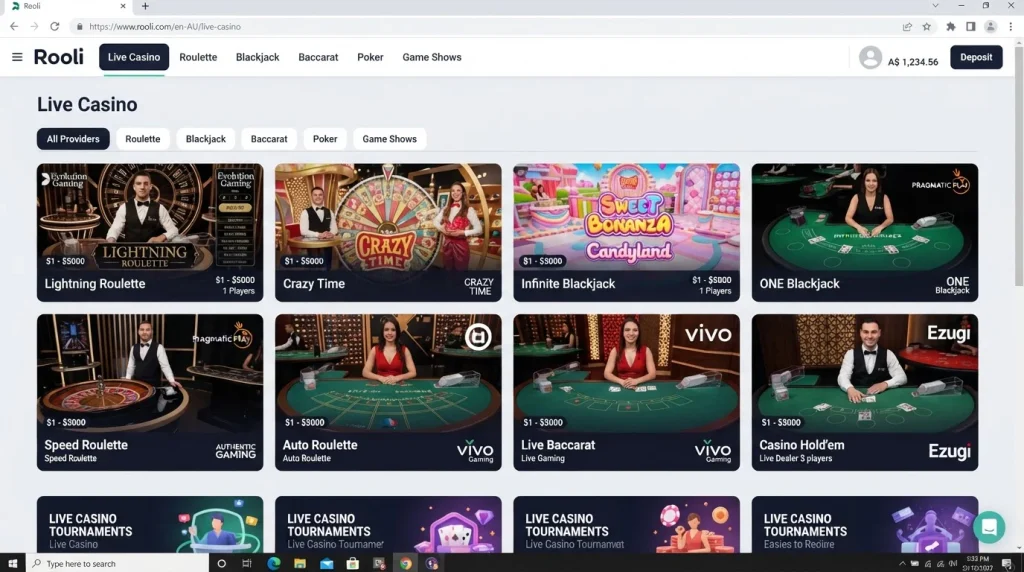 Current Rooli English-AU live casino lobby with authentic table categories and provider-labelled games