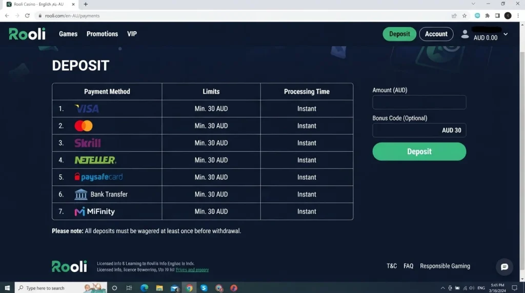 Current Rooli English-AU payments page showing authentic deposit methods and minimums