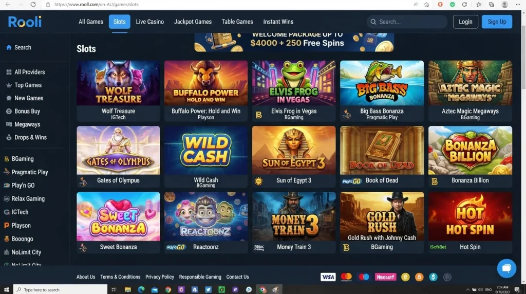 Current Rooli English-AU pokies lobby with game categories and provider-labelled tiles