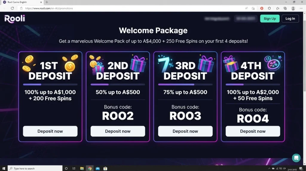 Current Rooli English-AU promotion cards displaying ROO2, ROO3 and ROO4 for welcome deposits two to four
