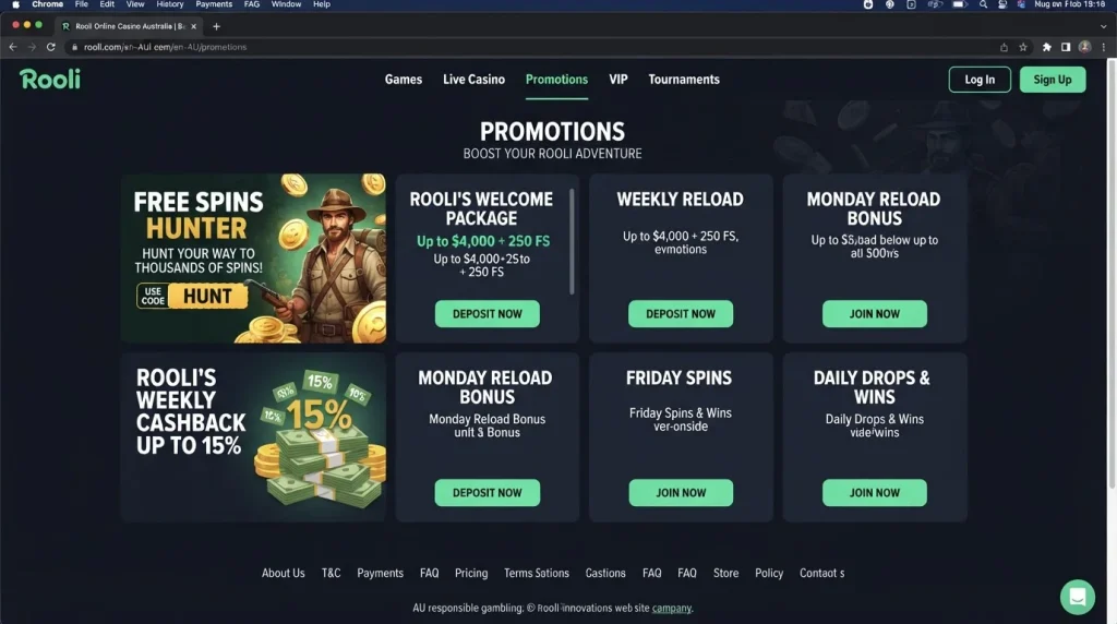 Current Rooli English-AU promotions overview with recurring and daily offer cards