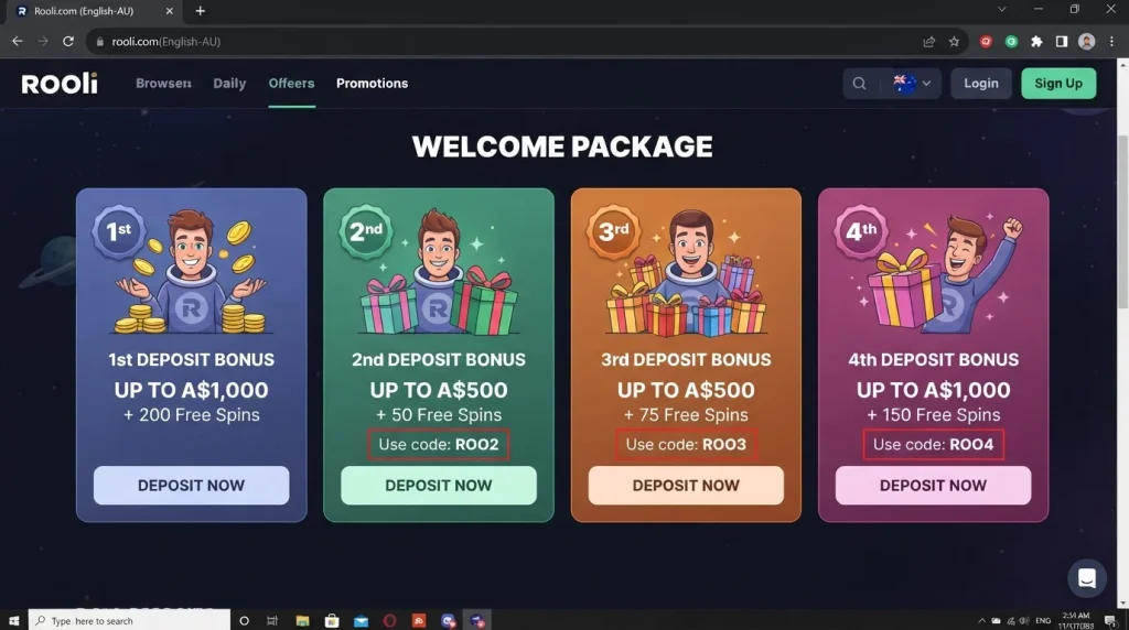 Current Rooli English-AU welcome package cards showing four deposit bonuses and 475 total free spins