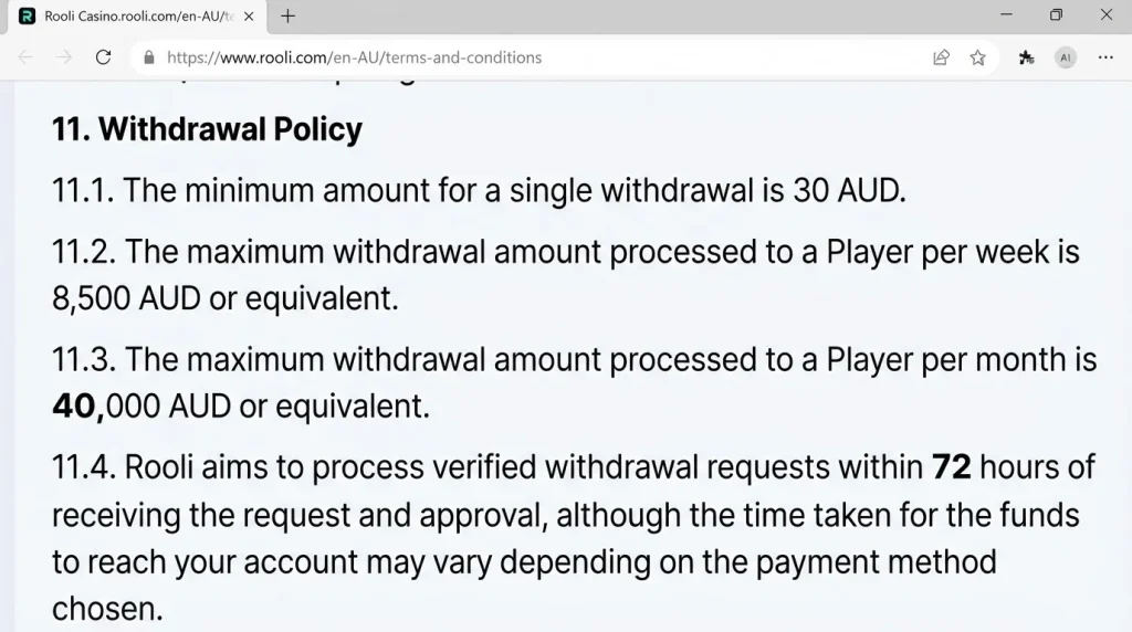 Current Rooli English-AU withdrawal policy showing official payout limits and processing wording