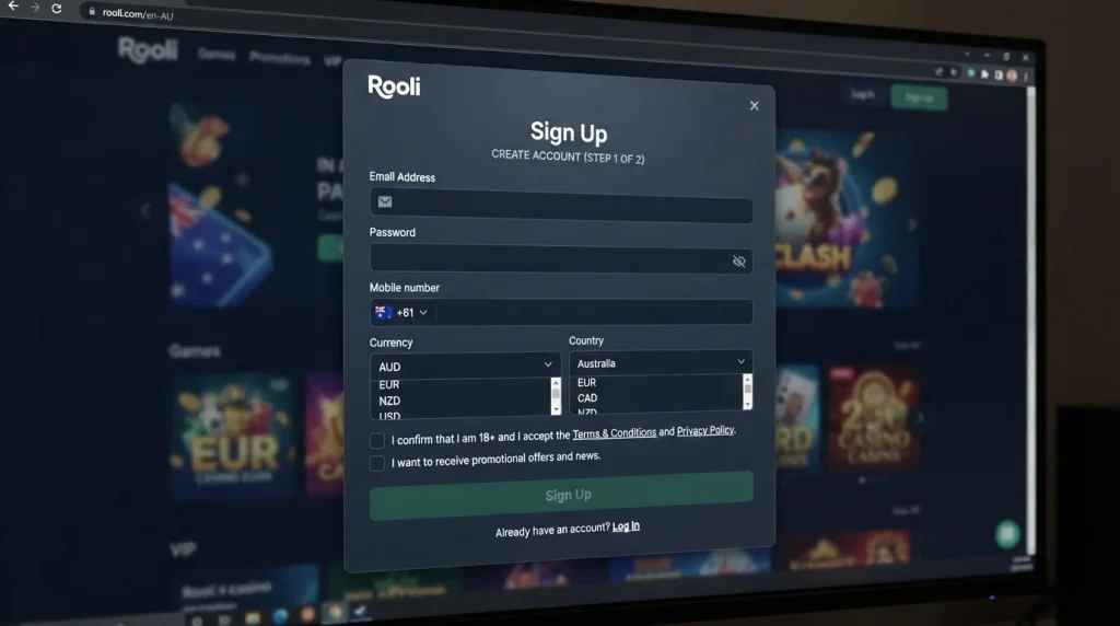 Current Rooli registration form with signup fields visible and no personal user data entered