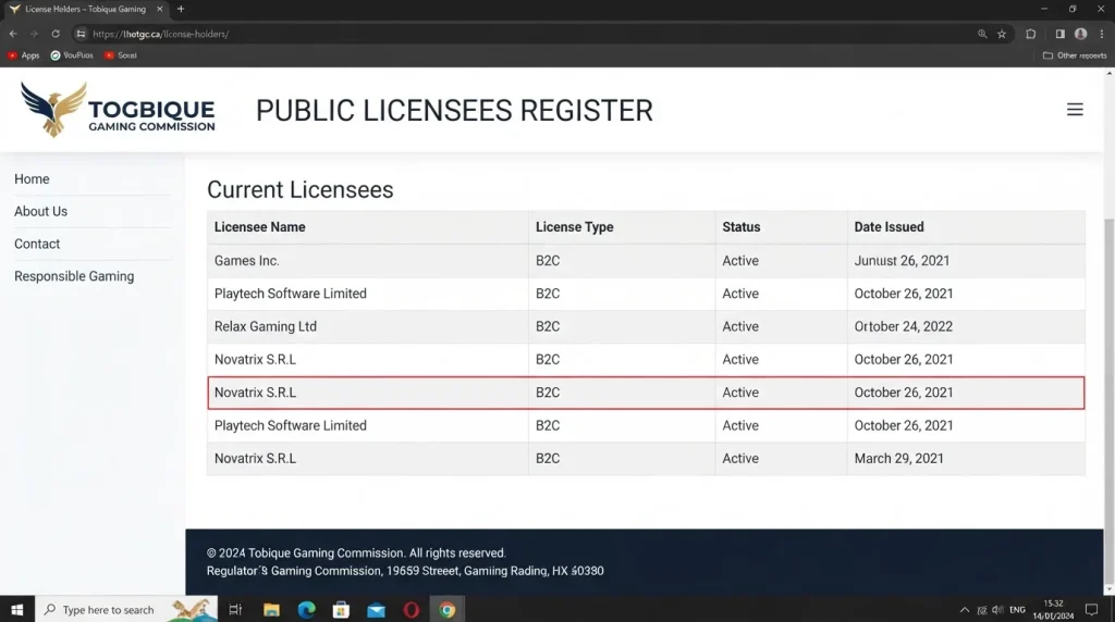 Current Tobique Gaming Commission licensee register showing Novatrix S.R.L as a B2C license holder