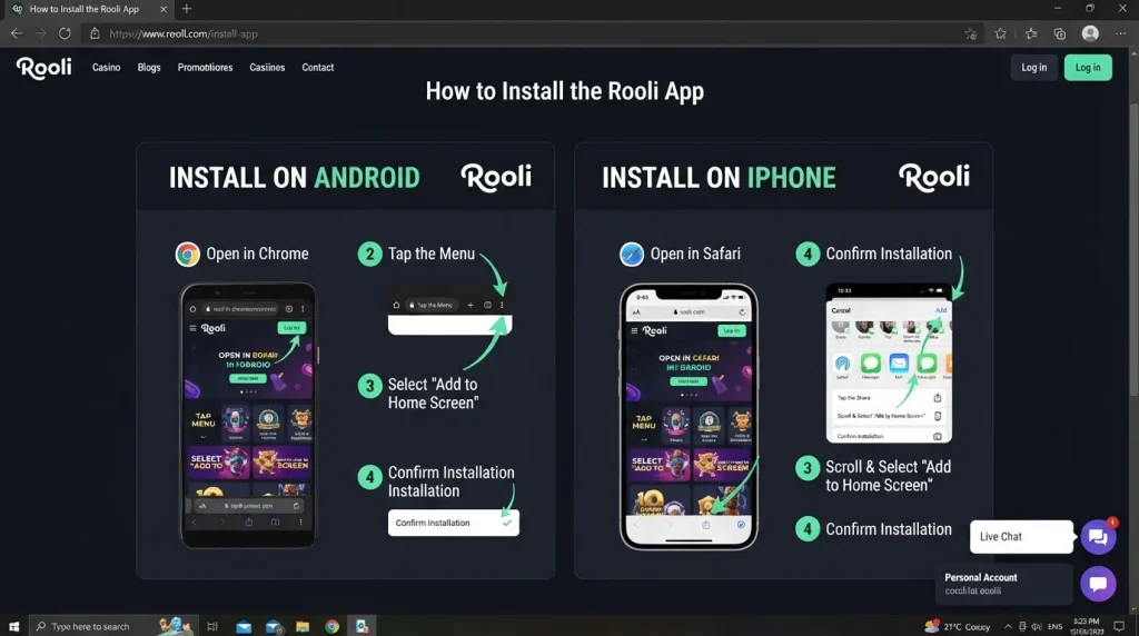 Official Rooli install-app page showing Add to Home Screen instructions for Android and iPhone